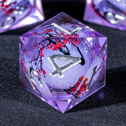 KERWELLSI Liquid Core Flower DND Dice Set with Box, 7Pcs Resin Plum Blossom Resin Sharp Edge Polyhedral Dice, Purple Role Playing Dice D20 D12 D10 D8 D6 D4