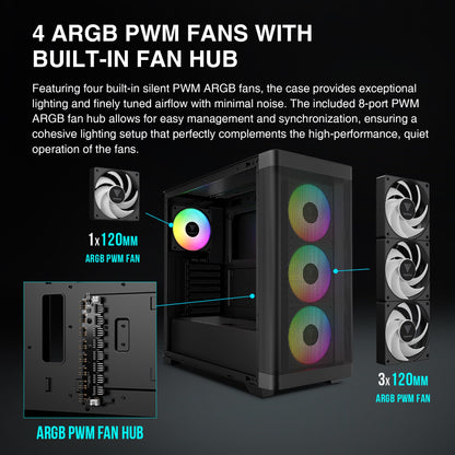 GAMDIAS ATX Mid Tower Computer Case Tempered Glass, Gaming PC Case Support Dual 360mm AIO/Radiator, 7x120mm Case Fans (4X 120mm Built-in), 420mm GPU/VGA, USB3.0X 2, Type C x1, 170mm CPU Cooler