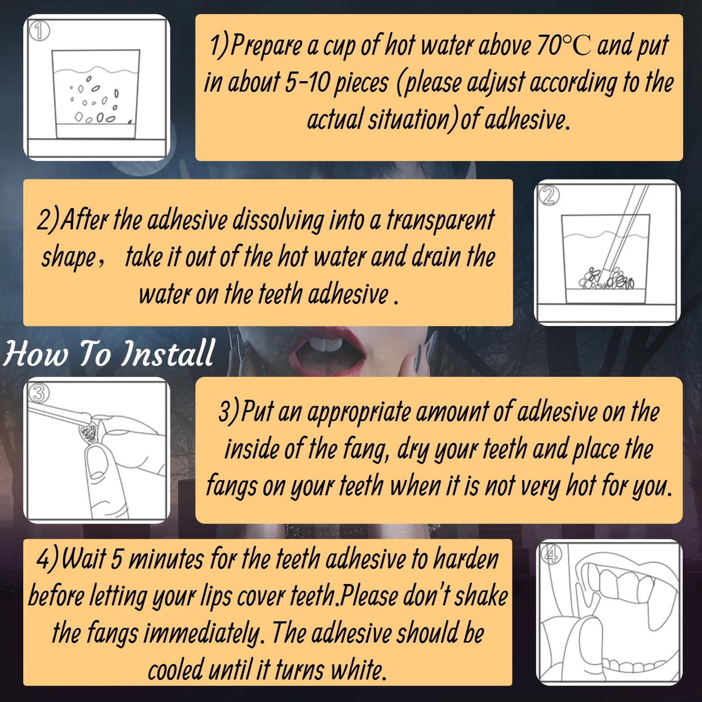 12 Pairs Vampire Teeth for Cosplay-4 Size Fake Fangs with 3 Tube Solid Adhesive for Halloween Props, Anime Party Dress Up Costume Masquerade Accessory Gift for Christmas Party