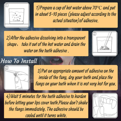 12 Pairs Vampire Teeth for Cosplay-4 Size Fake Fangs with 3 Tube Solid Adhesive for Halloween Props, Anime Party Dress Up Costume Masquerade Accessory Gift for Christmas Party