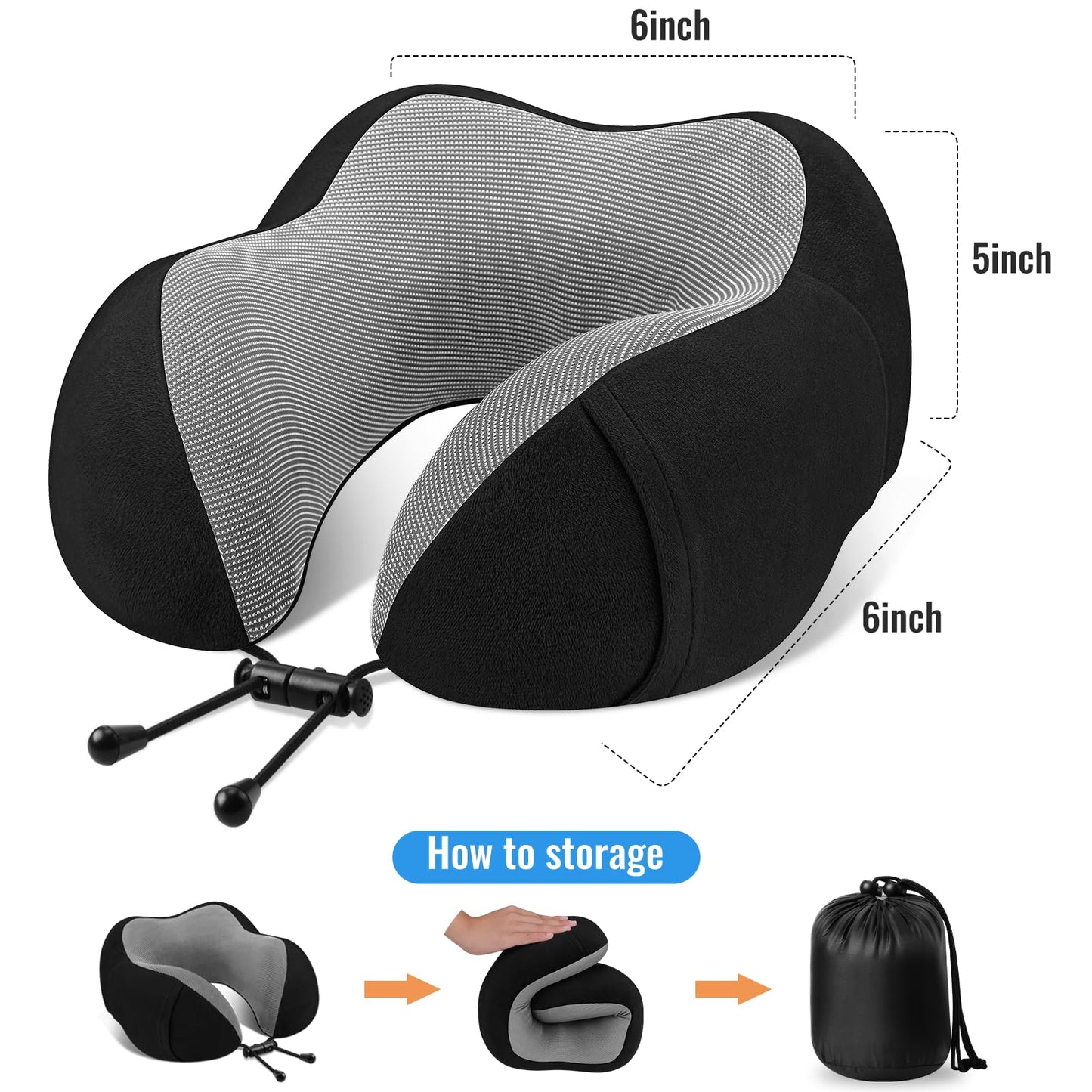 CloudBliss Travel Pillow Premium Memory Foam, Comfortable & Supportive Neck Pillow, Sleeping Neck Pillows for Travel, Airplane Pillow for Sleeping Airplane, Car, Office and Home（Black）
