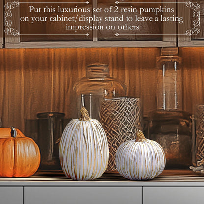 DN DECONATION White and Gold Fall Pumpkin Decorations Thanksgiving Table Centerpieces, 2 Pcs Artificial Luxury Resin Pumpkins Figurines for Decorating, Autumn Harvest Fall Home Decor Shelf Mantel