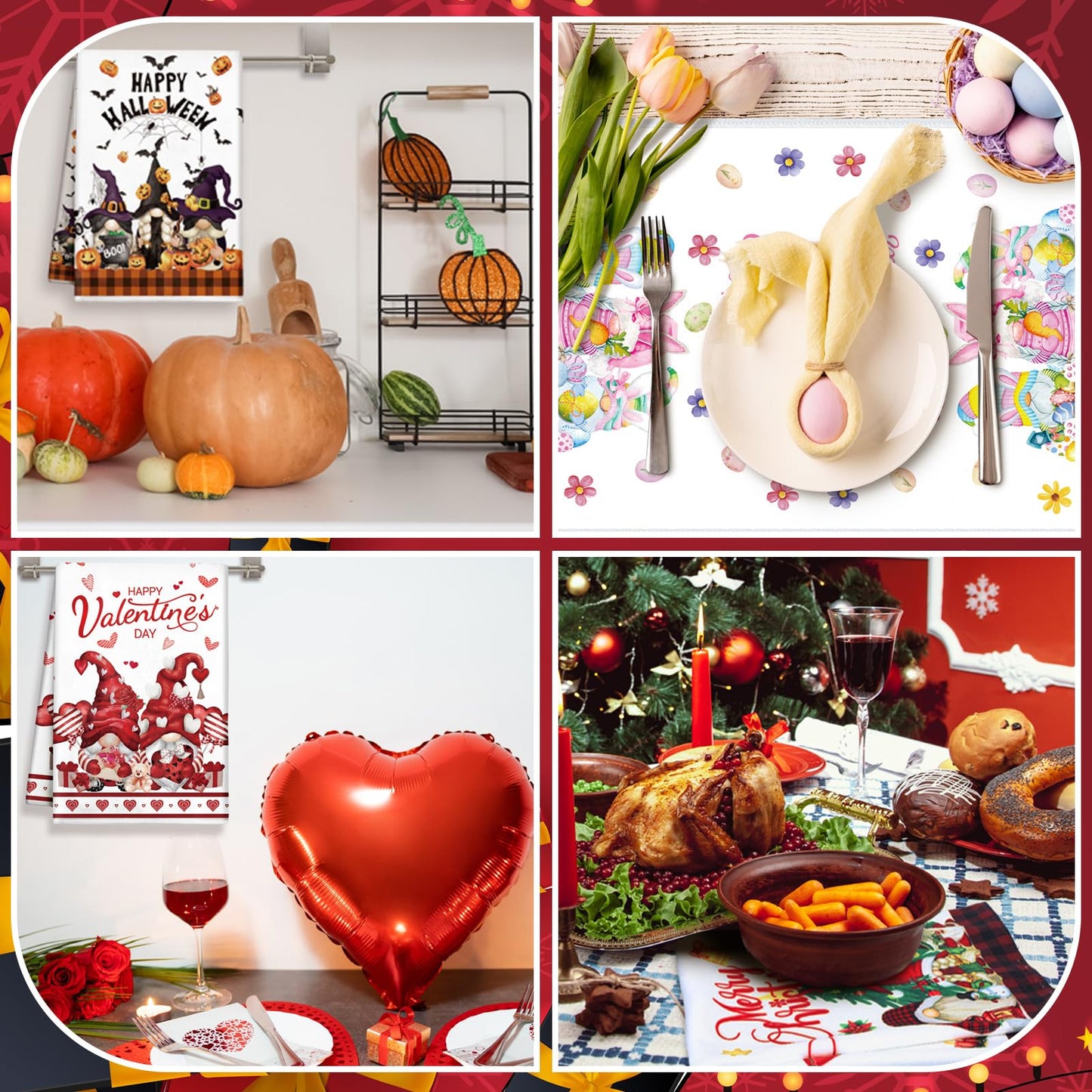 FuWeave 12 Pcs Seasonal Kitchen Towels Set for All Holidays Hand Dish Tea Towels Fall Halloween Christmas Absorbent Dishcloths Housewarming Gift for Cooking Kitchen Bathroom(Gnome Style,Bright Color)