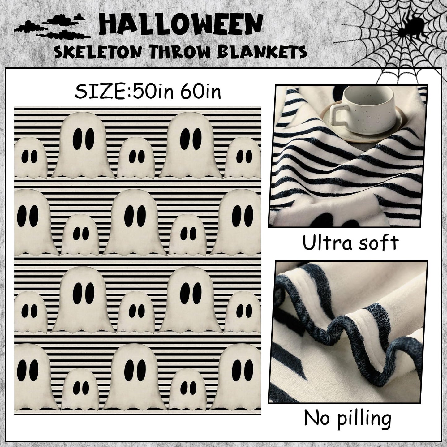 FuWeave Halloween Throw Blanket Cute Rustic Ghost Flannel Blanket Farmhouse Spooky Blanket Soft Black White Striped Blanket Retro Halloween Decoration for Sofa Bed Holiday Party Gifts,50 x60