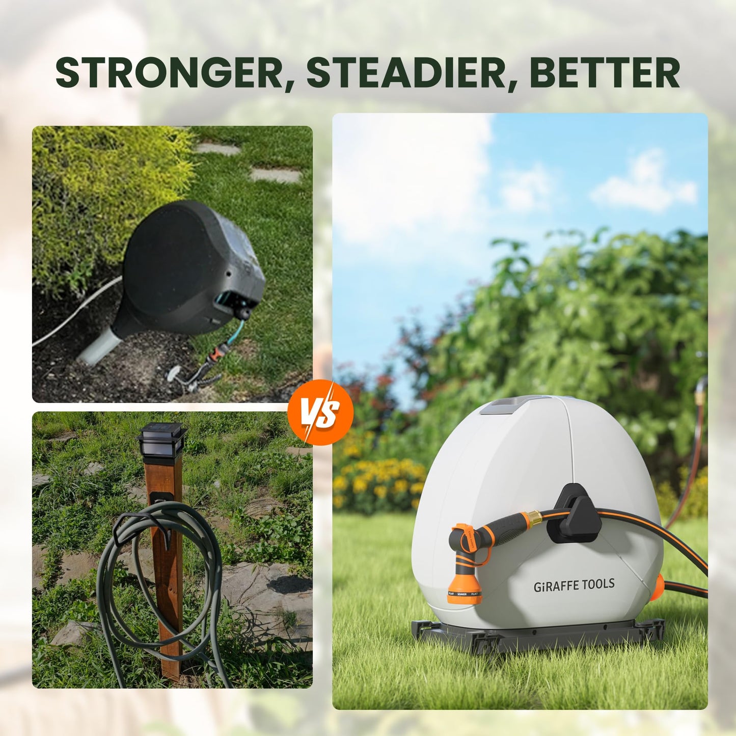 Giraffe Tools Ground Mounted Retractable Hose Reel 1/2 Inch x 130FT, Heavy Duty Automatic Rewind Garden Hose Reel, with Flexible Swivel Base for Lawn, Concrete Floor