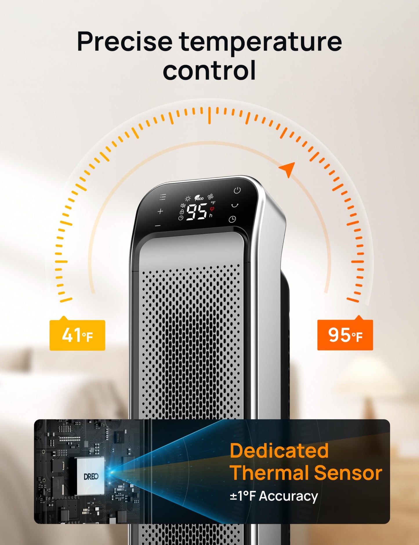 Dreo Space Heater Indoor, 25" 11.5ft/s Fast Portable Room Heater with Remote and Thermostat, 3 Modes, Overheating & Tip-Over Protection, Electric Heaters for Indoor Use Large Room, Bedroom, Silver