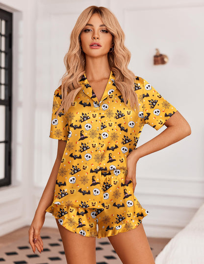 Ekouaer Silk Pajamas Womens Short Sleeve Sleepwear 2 Piece Satin Pjs Shorts Set Button Down Loungewear Halloween XL