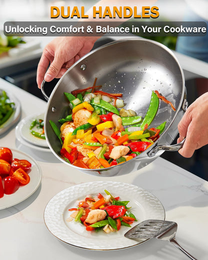 Cooks Standard Multi-Ply Clad Stainless Steel Wok Stir Fry Pan with Glass Lid, 12-inch large Stainless Steel Deep Frying Pan, Everyday Chef's Pan Flat Bottom Wok Induction Cookware