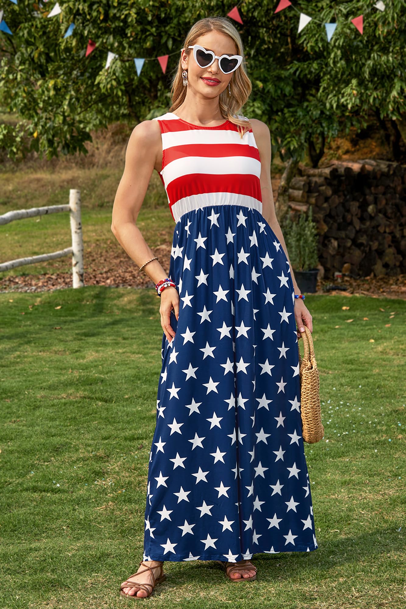 4th of July Stars and Stripes Sundress Patriotic Casual Sleeveless Maxi Dress American Flag M