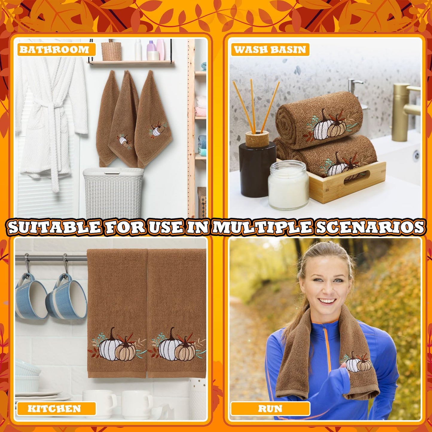 Fanfanwin 3 Pcs Fall Hand Towels for Bathroom 13.8 x 29.5 Inch Autumn Decorative Bath Towels Sets 100% Cotton Embroidered Pumpkin Maple Thanksgiving Bathroom Decor(Khaki,Pumpkin)