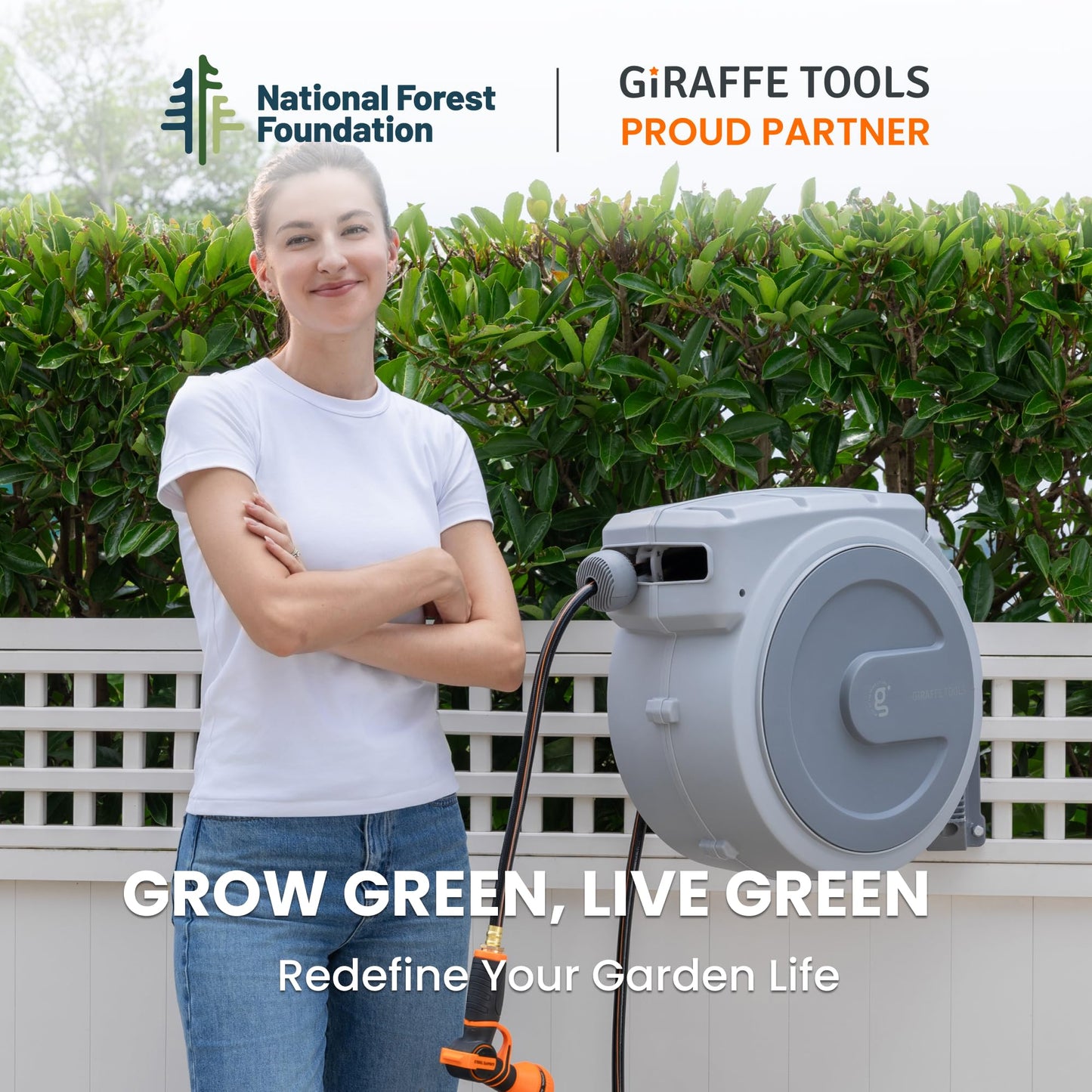 Giraffe Tools Retractable Garden Hose Reel, 5/8 in x 90 ft Heavy Duty Hose Reel With 9 Pattern Nozzle, Any Length Lock, Wall Mount Water Hose Reel, 180°Swivel, Light Grey