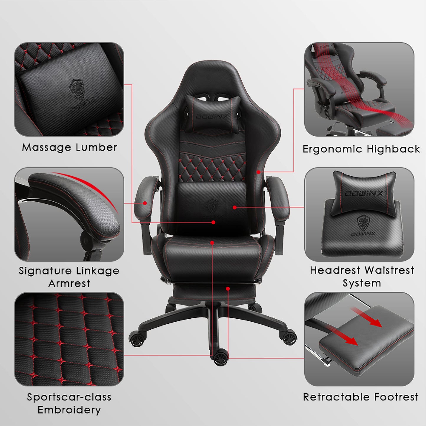 Dowinx Gaming Chair Big and Tall, Ergonomic Game Chair for Adults with Footrest and Massage Lumbar Support, High Back Computer Gamer Chair PU Leather, 350Lbs, for Office, Home, Black