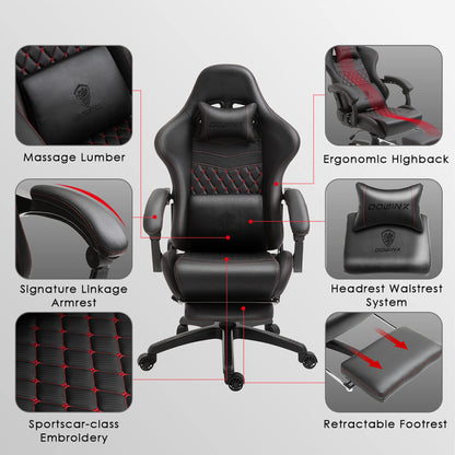 Dowinx Gaming Chair Big and Tall, Ergonomic Game Chair for Adults with Footrest and Massage Lumbar Support, High Back Computer Gamer Chair PU Leather, 350Lbs, for Office, Home, Black