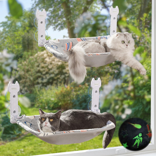 HiPetpy 2 Pack Cat Window Perch, Glow in The Dark Foldable Cat Hammock with Sunken Design & Removable Soft Cover, Breathable Cordless Window Bed for Resting Indoor Kitten (Shallow Perch, 2 Pack - M)