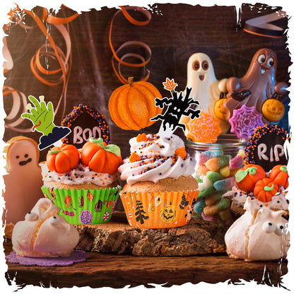 Homyplaza Halloween Cupcake Liners with Toppers Picks, Standard Wrappers Cupcake Disposable Baking Cups Muffin Liners for Halloween Party Decorations Supplies (150 Liners & 150 Toppers)