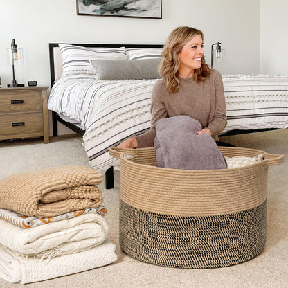 Goodpick Extra Large Wicker Storage Basket, 83L Woven Blanket Storage for Living Room, Round Baby Basket for Clothes, Big Laundry Hamper for Pillow, 21.7 x 13.8 inches