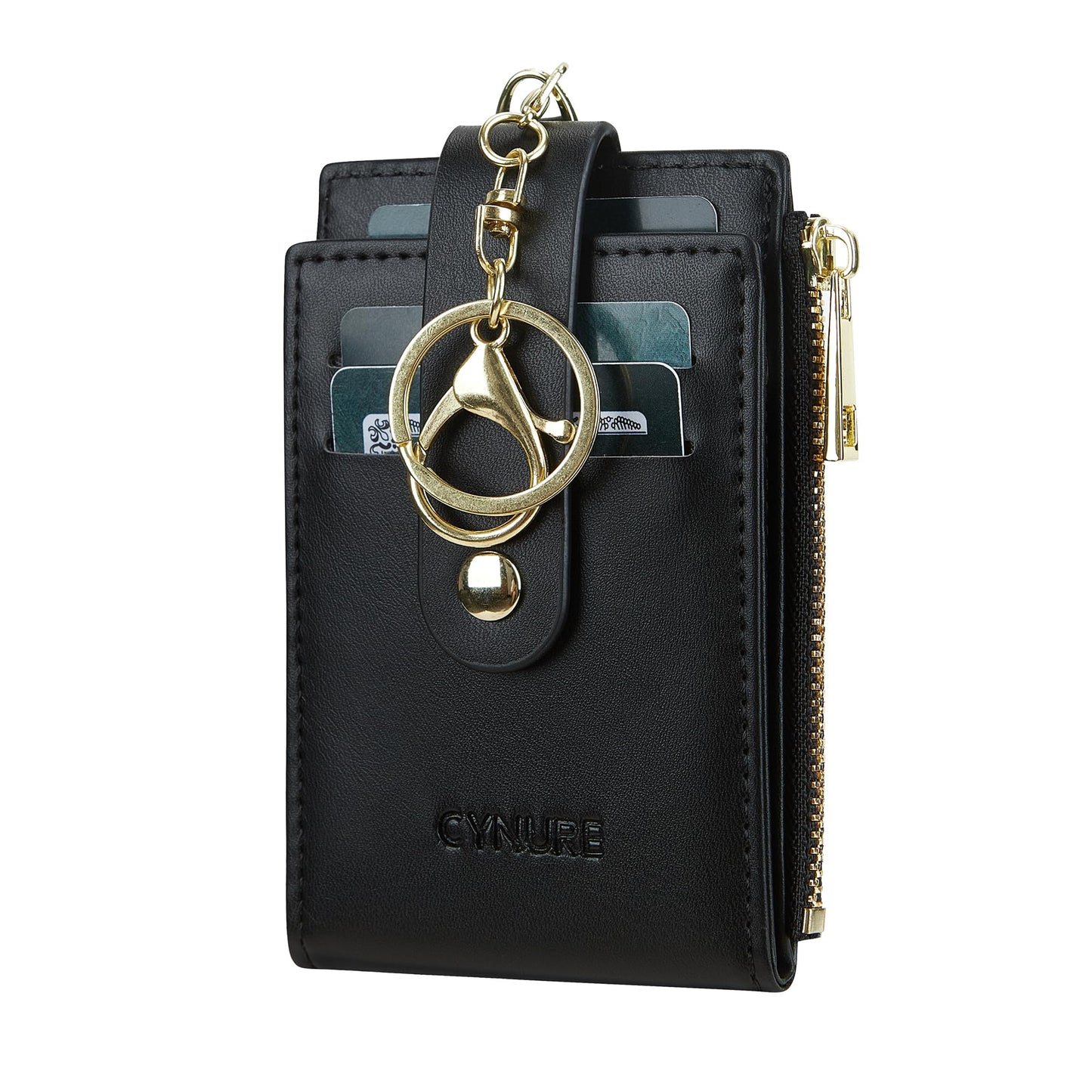 Cynure Women & Men Leather RFID Blocking Card Holder Slim Small Zipper Keychain Front Pocket Wallet with 2 ID Window, 1-plain black