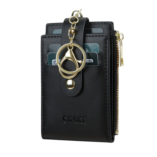 Cynure Women & Men Leather RFID Blocking Card Holder Slim Small Zipper Keychain Front Pocket Wallet with 2 ID Window, 1-plain black