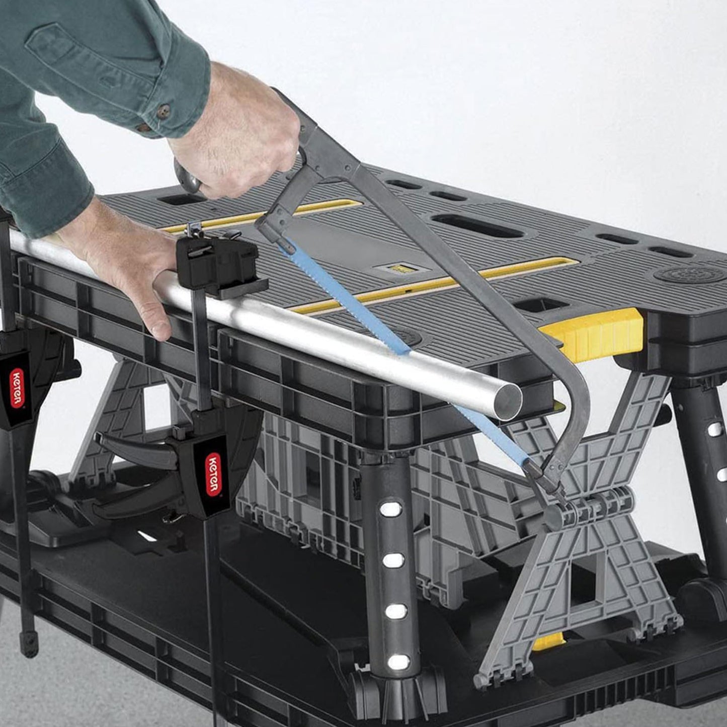 Keter Folding Work Table, Portable Workbench w/ 12" Clamps for Garage/Wood Shop - Heavy-Duty and All-Weather for DIY Home Improvements and Worksites