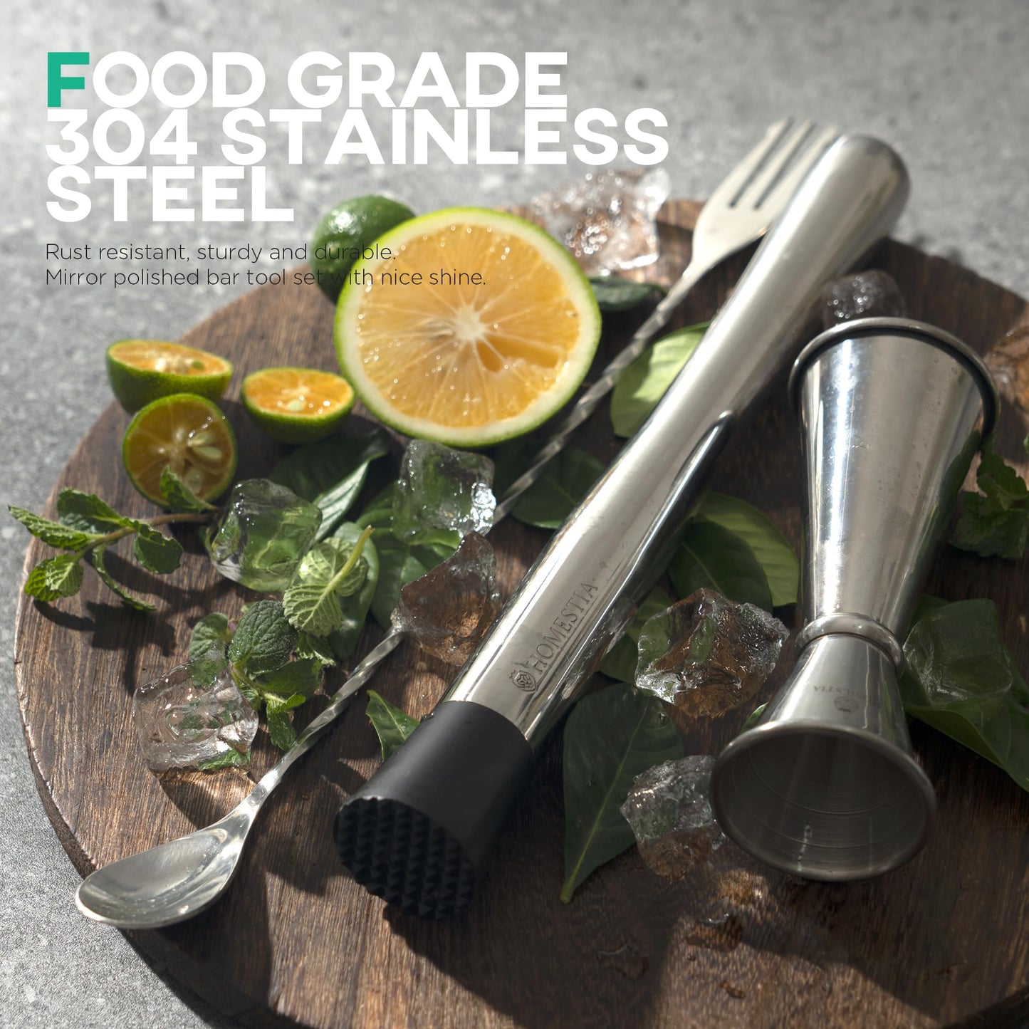 Homestia 3-Pcs Silver Muddler & Mixing Tool Set, 10'' Muddler, 12'' Cocktail Spoon & 1 OZ/2 OZ Double Jigger, Bar Tool Set for Beverages Drinks, Stainless Steel Bar Set Housewarming Gift