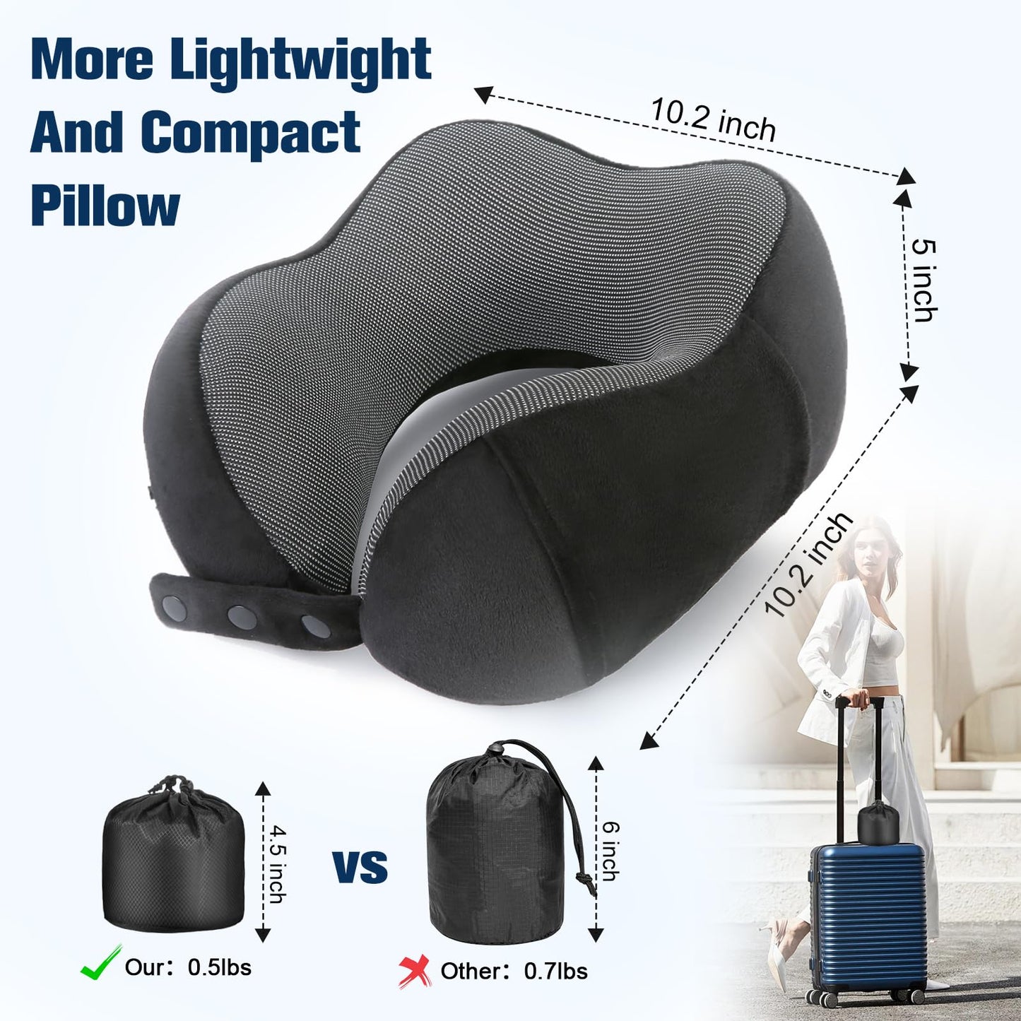 Cirorld Neck Pillow for Traveling, Travel Pillows for Airplanes,100% Pure Memory Foam Travel Neck Pillow, Adjustable Flight Pillow, Portable Plane Accessories with Eye Mask, Earplugs, Carry Bag