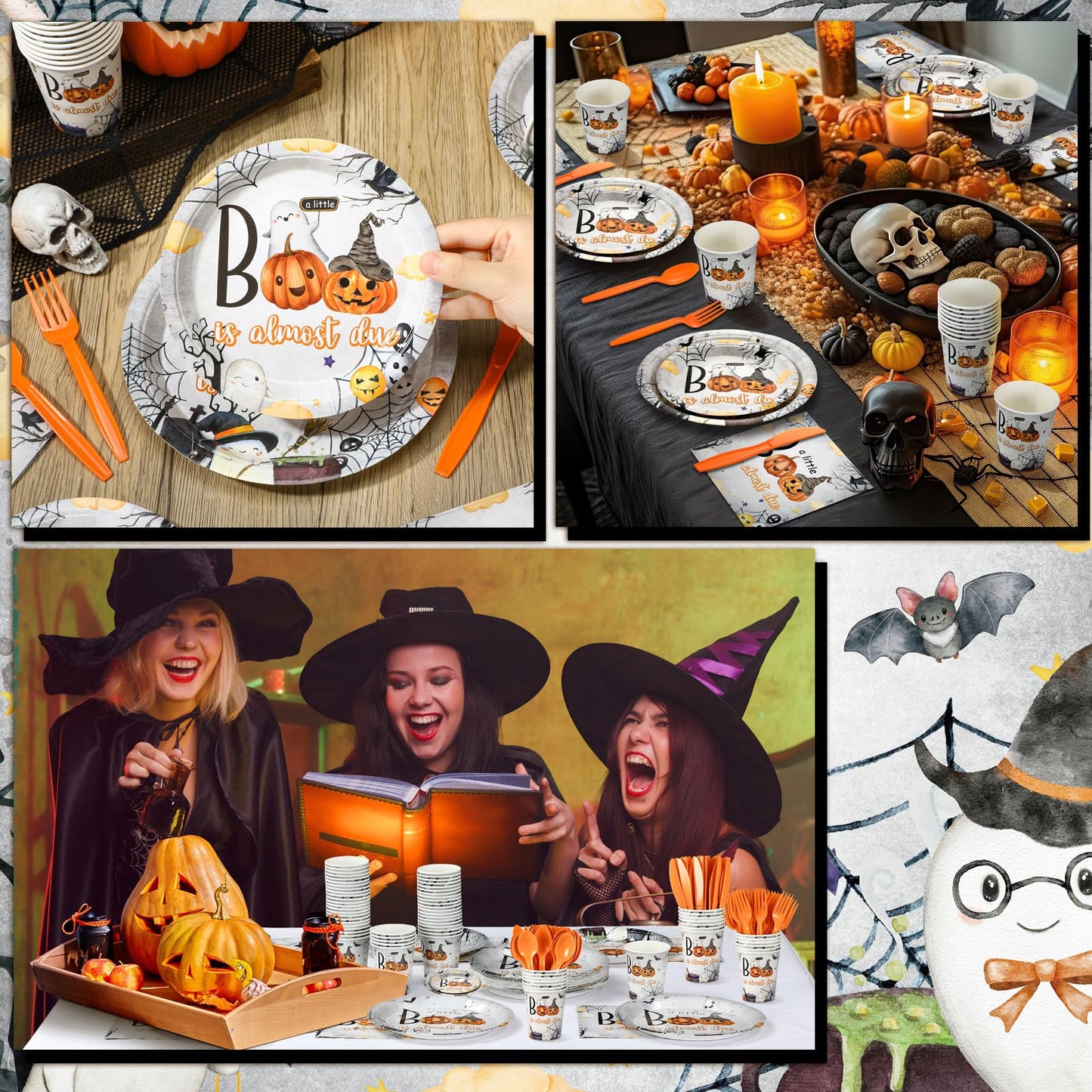 Dandat 350 Pcs Baby Shower Plates Set Baby Shower Party Supplies Serves 50 Tableware Sets Include Plates Napkin Cup Forks Knives Spoons Disposable Dinnerware(Boo,Orange)