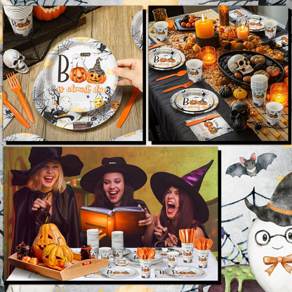 Dandat 350 Pcs Baby Shower Plates Set Baby Shower Party Supplies Serves 50 Tableware Sets Include Plates Napkin Cup Forks Knives Spoons Disposable Dinnerware(Boo,Orange)