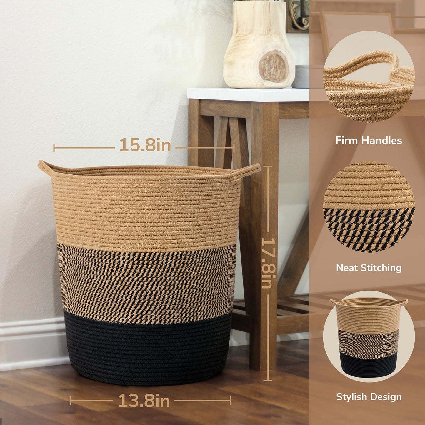 INDRESSME Laundry Basket Large Laundry Hamper, Woven Baskets for Storage, 17.8" x 15.8" x 13.8", Wicker Laundry Basket for Living Room, Dirty Clothes Basket, Baby Hamper for Nursery, Black & Jute
