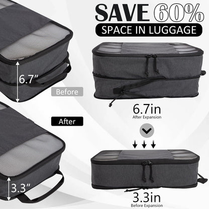 Compression Packing Cubes for Travel Essentials, 2 Set Expandable Compression Bags for Travel Packing Cubes for Suitcase Luggage Organizer Bags, Black Mesh