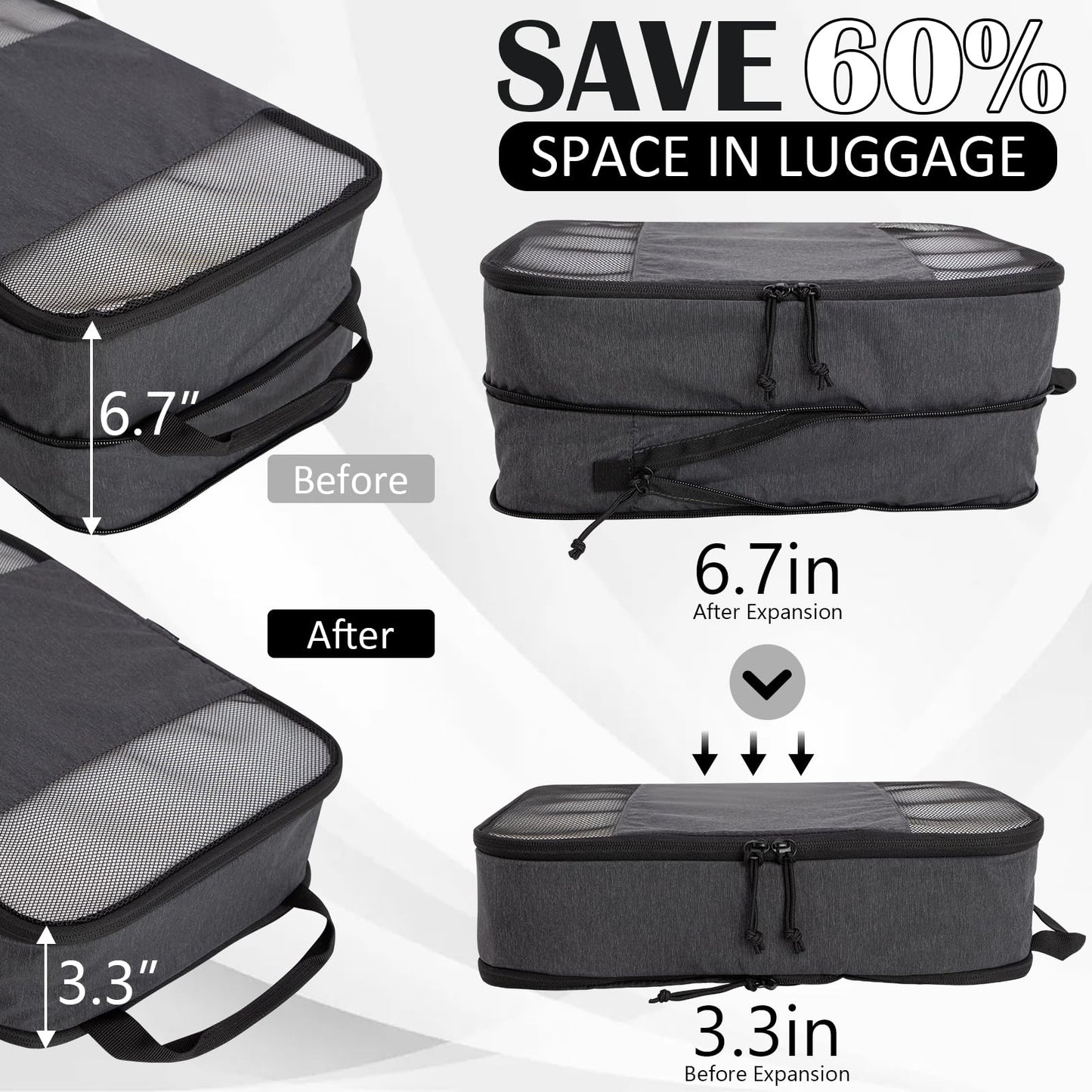 Compression Packing Cubes for Travel Essentials, 2 Set Expandable Compression Bags for Travel Packing Cubes for Suitcase Luggage Organizer Bags, Black Mesh