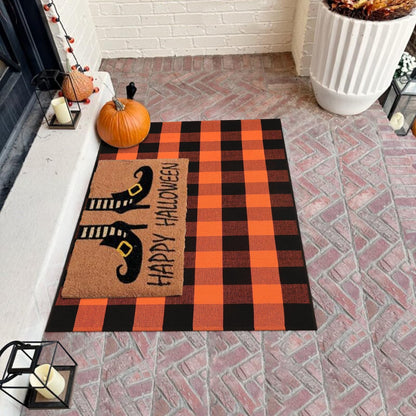 LEEVAN Halloween Buffalo Plaid Outdoor Rug 3x5, Washable Checkered Orange and Black Front Porch Rugs, Thanksgiving Cotton Woven Door Layered Mat for Farmhouse Entryway/Patio/Kitchen