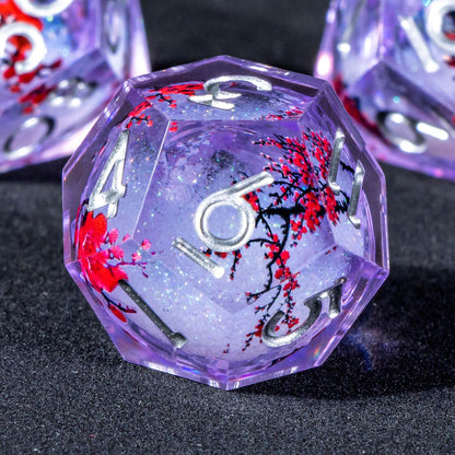 KERWELLSI Liquid Core Flower DND Dice Set with Box, 7Pcs Resin Plum Blossom Resin Sharp Edge Polyhedral Dice, Purple Role Playing Dice D20 D12 D10 D8 D6 D4