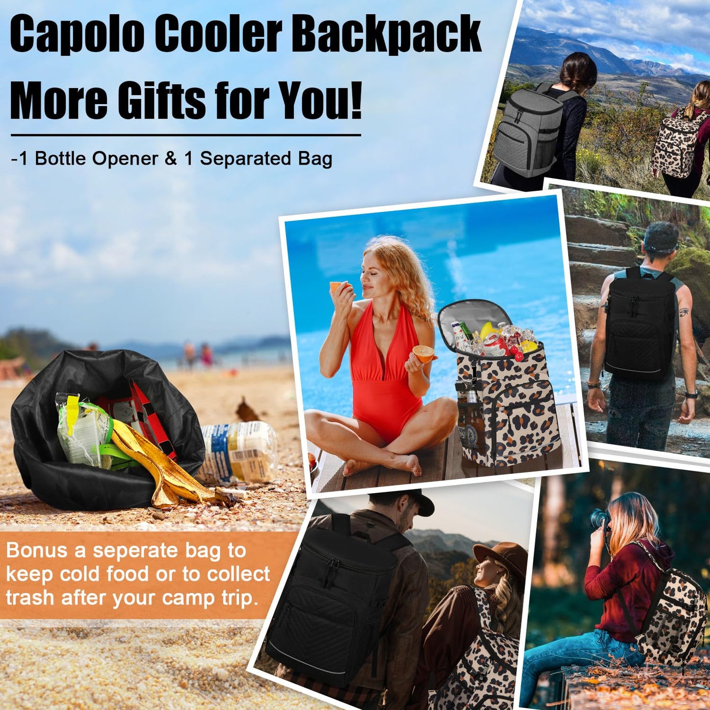 Cooler Backpack Insulated Leakproof Waterproof Backpack Cooler Bag 30 Cans, Large Capacity Lightweight Travel Camping Beach Drink Beverage Beer Bag Cooler Ice Chest for Men and Women, Leopard