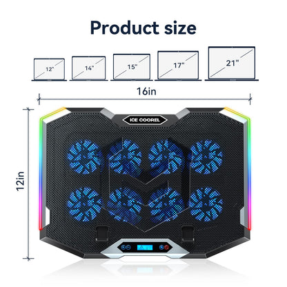 ICE COOREL Gaming Laptop Cooling Pad with 8 Cooling Fans, Laptop Fan Cooler Pad for 15-17.3 Inch, Notebook Cooler Stand with 6 Height Adjustable, RGB Cooling Pad with Two USB Port + Phone Stand