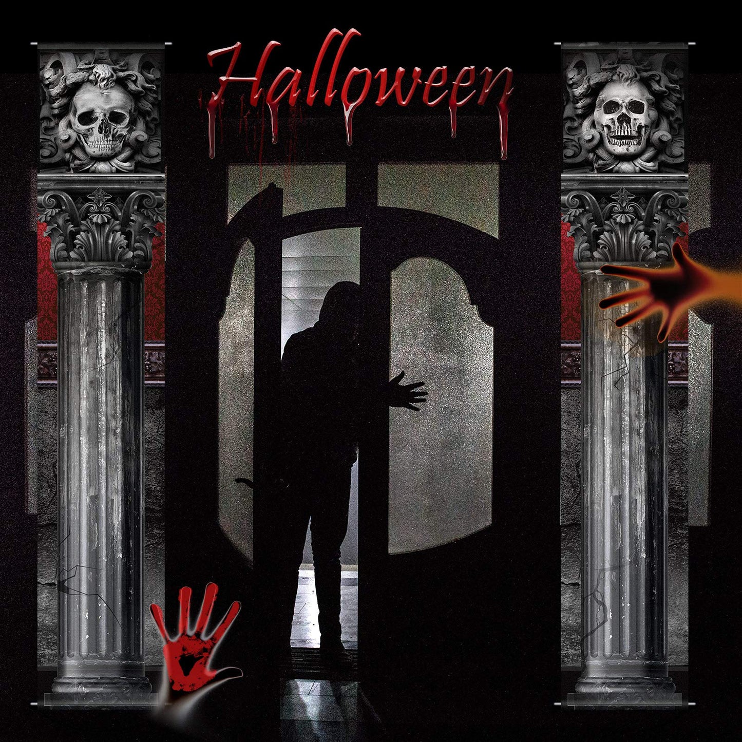 2 Pieces Halloween Gothic Mansion Banners Halloween Skull Hanging Banners with Welcome Foolish Mortals Porch Sign Spooky Pillar Sign Decorations for Outdoor Party Supplies