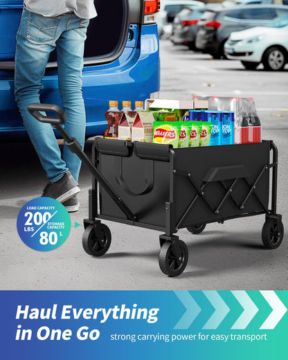 Ksend Small Collapsible Wagon with Wheels, Foldable Carts with 200lbs Load Capacity, Dog Wagon, Utility Shopping Cart for Groceries, Sports, Camping, Garden, Fishing, Black