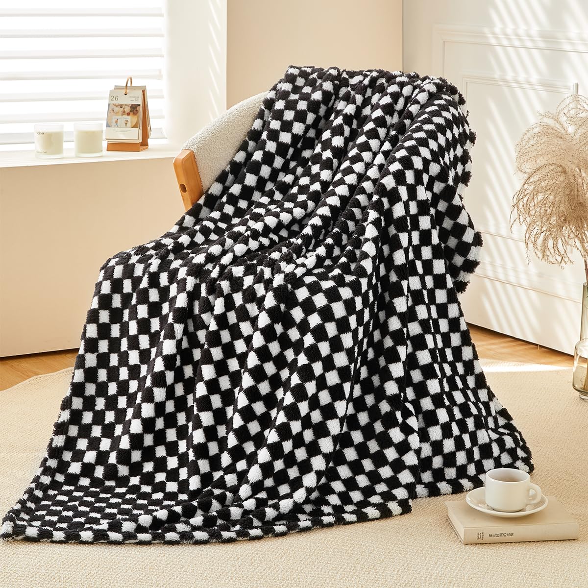 CozyRest Flannel Throw Blanket Super Soft Lightweight Bed Blanket 3D Checkered Pattern All-Season Cozy, Plush Bed Couch Blanket for Adults (Black, 50 x 60 inches)