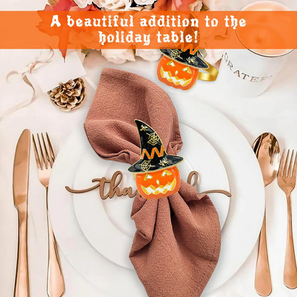 Legigo Set of 6 Halloween Napkin Rings for Dinning Table Settings- Horror Scary Orange Pumpkin Black Witch Hat Napkin Holder Ring for Holiday Party Kitchen Dinner Table Decarations
