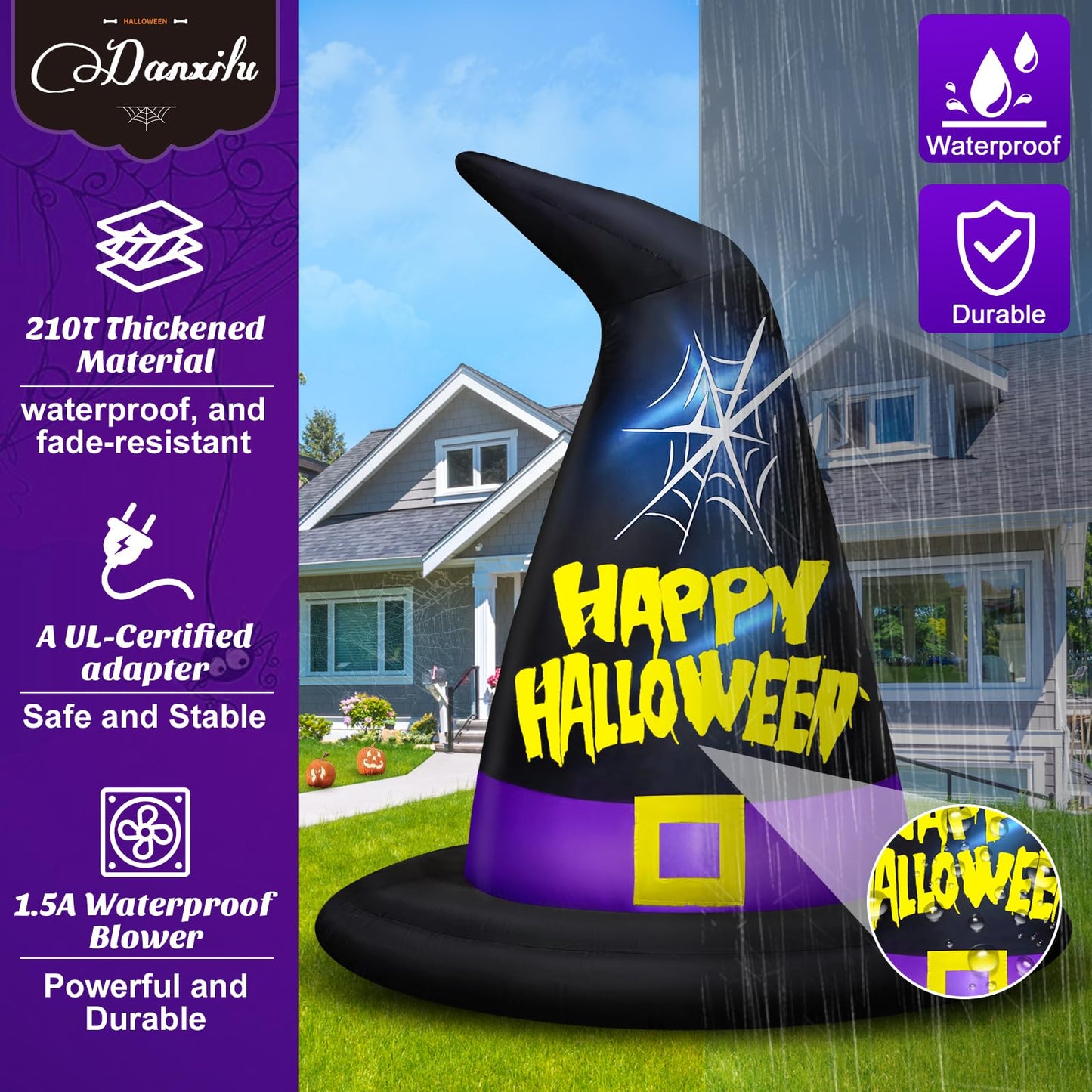 Danxilu 6 FT Halloween Inflatables Outdoor Decorations, Halloween Inflatable Witch Hat Built-in LED Lights Blow Up Yard Decoration for Decor Outside Holiday Party Garden Lawn