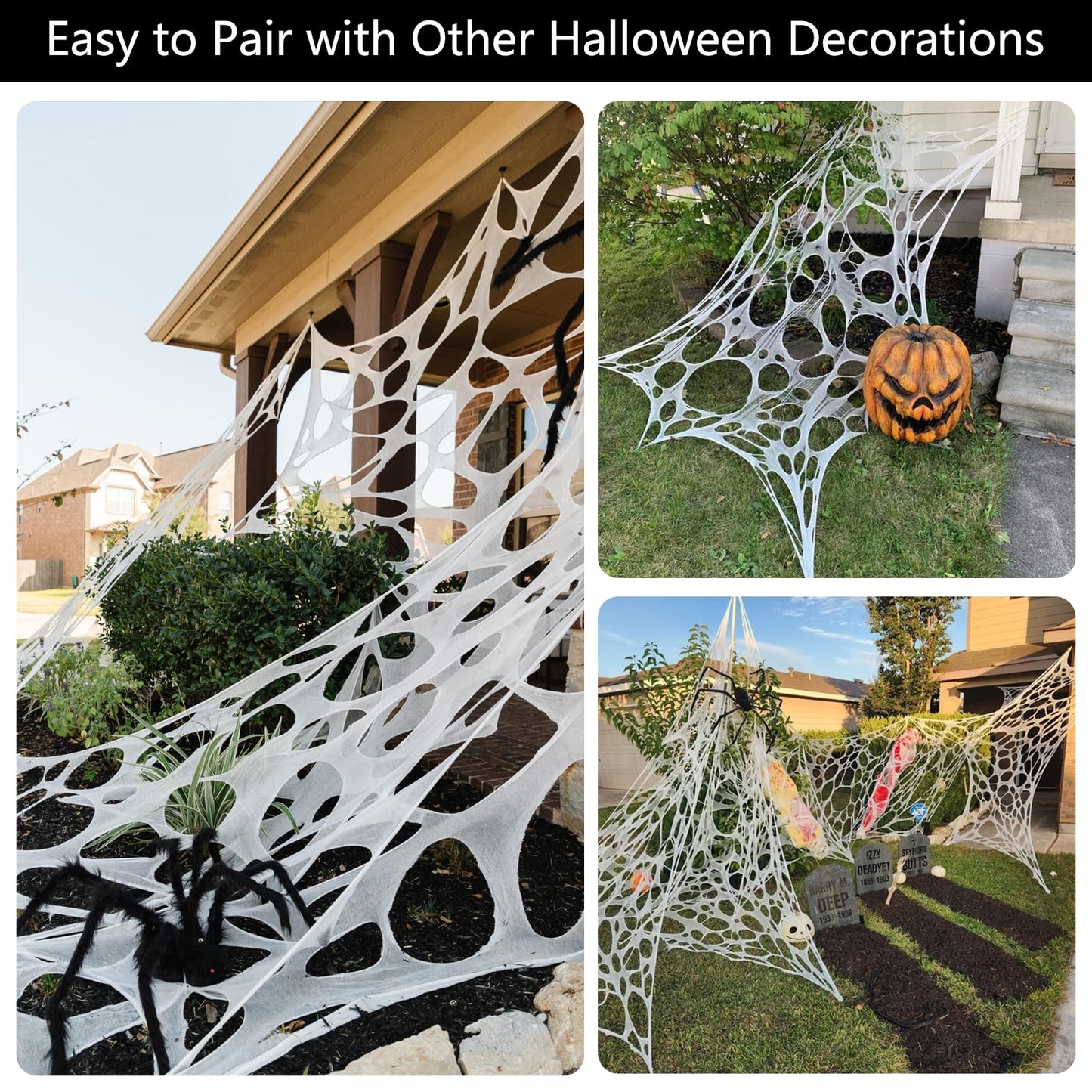JOYSELLER 2 Packs Spider Web Halloween Decorations Outdoor, Stretchy 900 sqft Halloween Spider Web, Cut-Your-Own Flexible Spider Webbing for Halloween Decor (Spiders Not Included)
