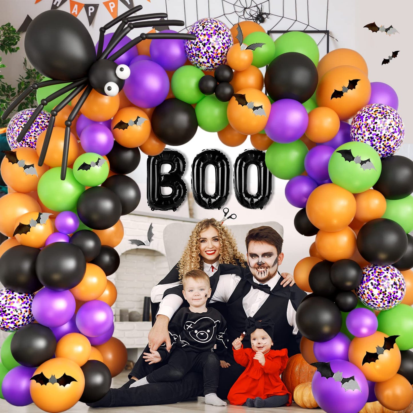 DBKL Halloween Balloons Garland Arch Kit with BOO Foil Balloon Spider Balloon Black Orange Purple Fruit Green Confetti Balloons for Halloween Party Decorations