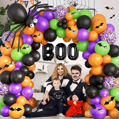 DBKL Halloween Balloons Garland Arch Kit with BOO Foil Balloon Spider Balloon Black Orange Purple Fruit Green Confetti Balloons for Halloween Party Decorations