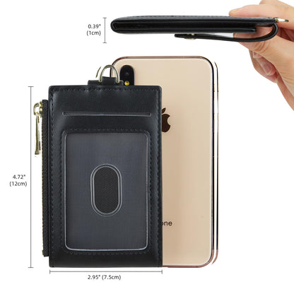 Cynure Women & Men Leather RFID Blocking Card Holder Slim Small Zipper Keychain Front Pocket Wallet with 2 ID Window, 1-plain black