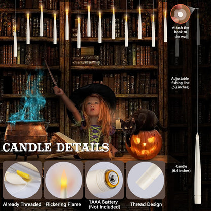 Floating Candles with Wand Remote, 20 Pcs Magic Halloween Hanging Candles, Flickering Warmer Light Flameless LED Candles with DIY Sticker, Battery Operated Halloween Decorations Gifts Indoor (20)