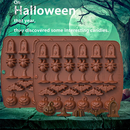 Gummy Skull Candy Molds Silicone, 4 Pack Mini Skull Gummie Chocolate Mold Halloween Spider Witch Hat Pumpkin Candy Gummy Mold with 4 Droppers for Chocolate, Candy, Jelly, Ice Cube, Dog Treat (Brown)