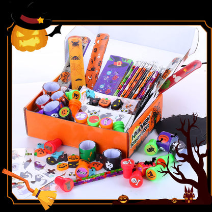 192 Pcs 24 Pack Assorted Halloween Stationery, Party Favors for Kids, Goodie Bags Stuffers Set Including Pencils, Rulers, Stamps and Erasers in Trick or Treat Bags