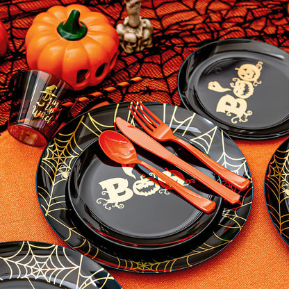 ISFANGCO 150PCS Plastic Spoof Black Dinnerware Set for 25 Guests with Gold Spider Web & Smiley Pumpkin,Heavy Duty Plastic Orange Disposable Cutlery,Gold Witch Printed Black Cups