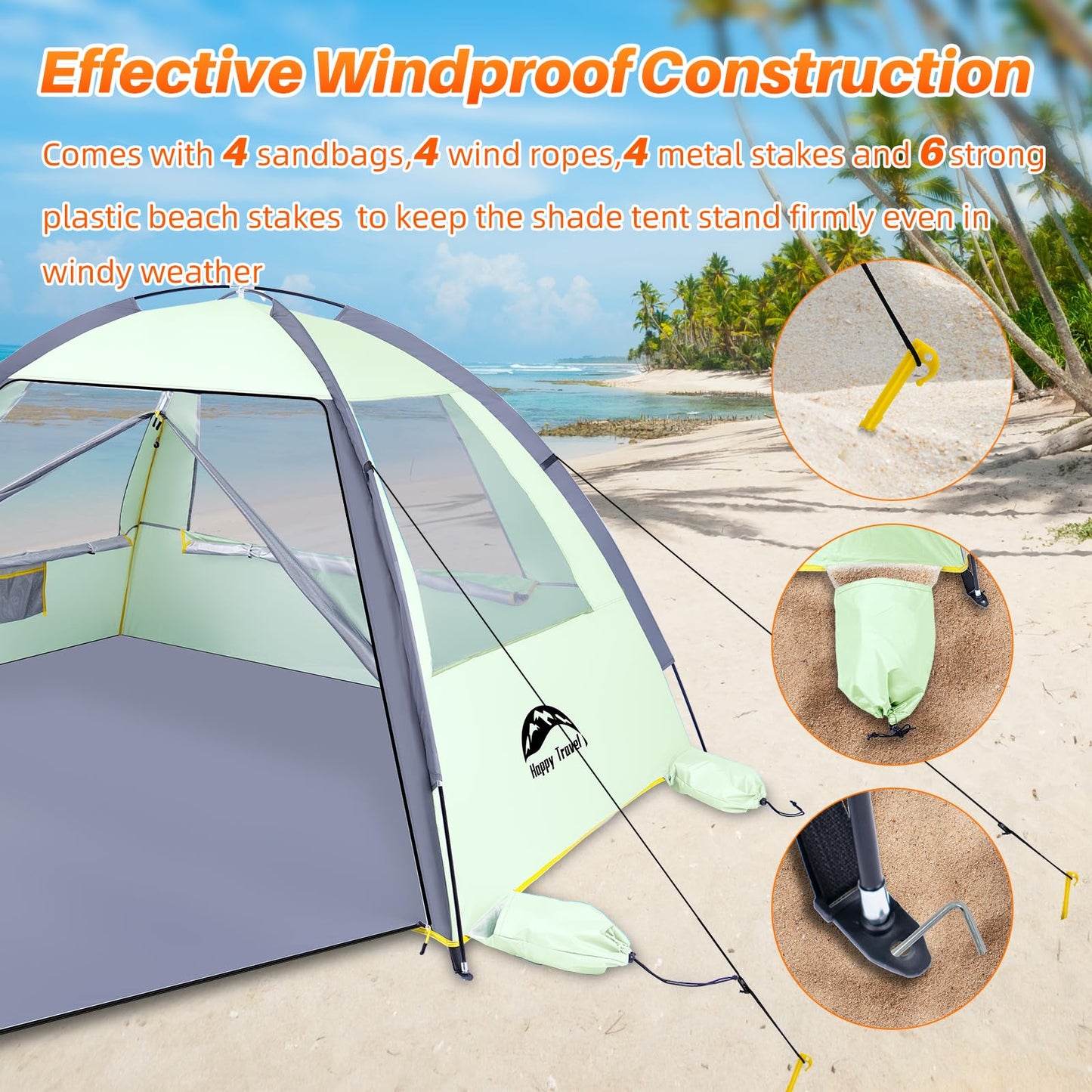 Happy Travel Beach Tent Sun Shelter for 3/4/5/6/7/8 Person, Portable UPF 50+ UV Protection Beach Shade Canopy for Family & Baby, Lightweight & Easy Setup Beach Cabana with 3 Ventilation Mesh Windows