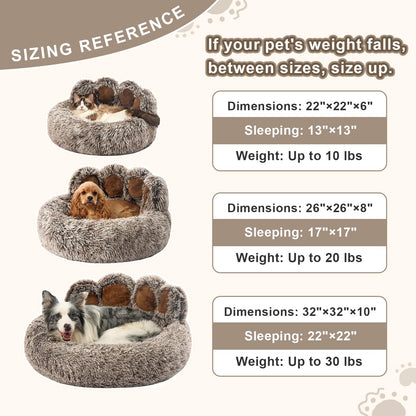 Jiupety Paw Shape Calming Pet Bed, Plush Faux Fur Donut Bed for Dogs & Cats, Machine Washable, Non-Slip Bottom, Large Size (26"×26"×8"), Gray
