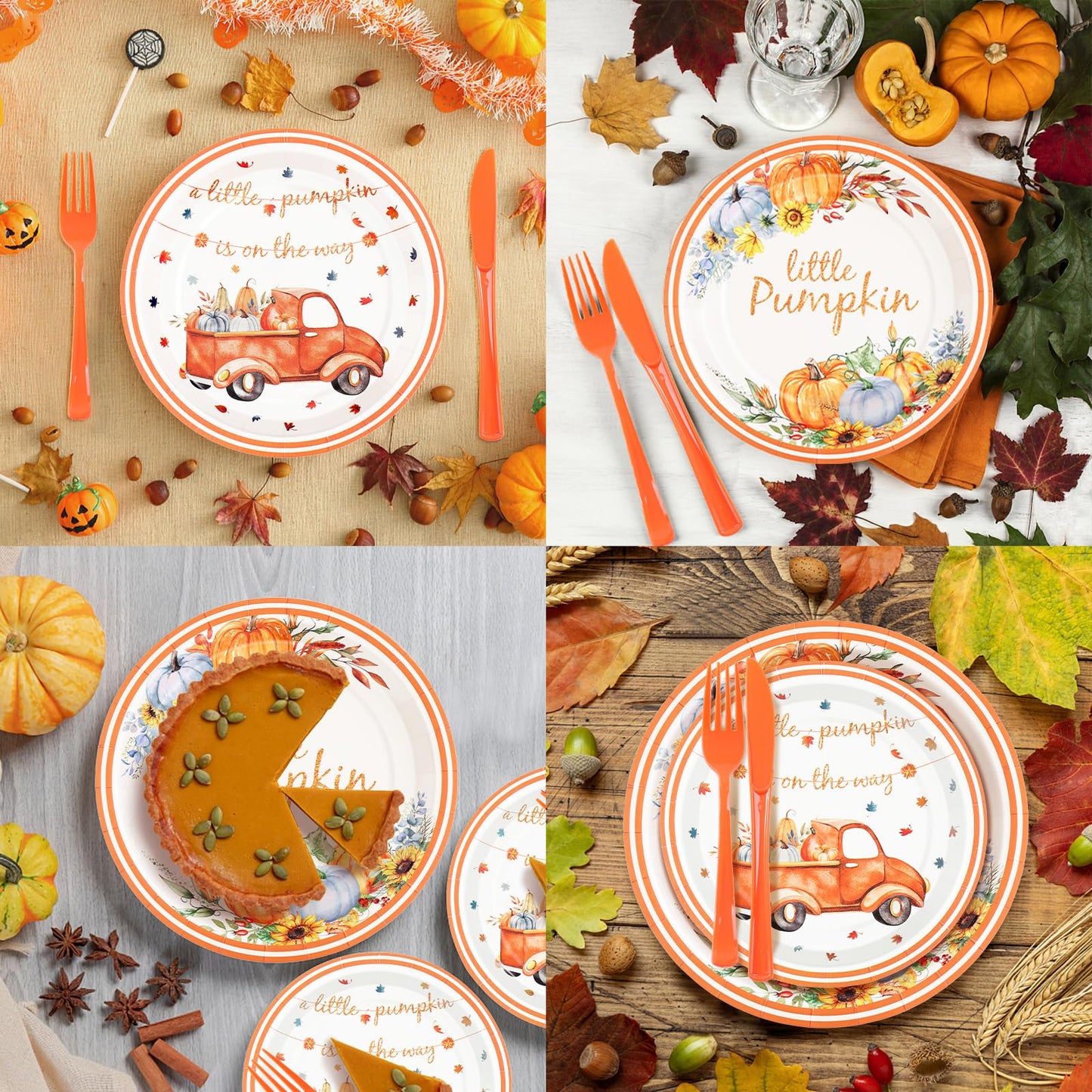 Gudvilla 168 Pcs Little Pumpkin Plates and Napkins, Fall Baby Shower Plates and Napkins Sets Serves 24, Little Pumpkin Baby Shower Decorations Boy, Orange Blue Autumn Farm Thanksgiving